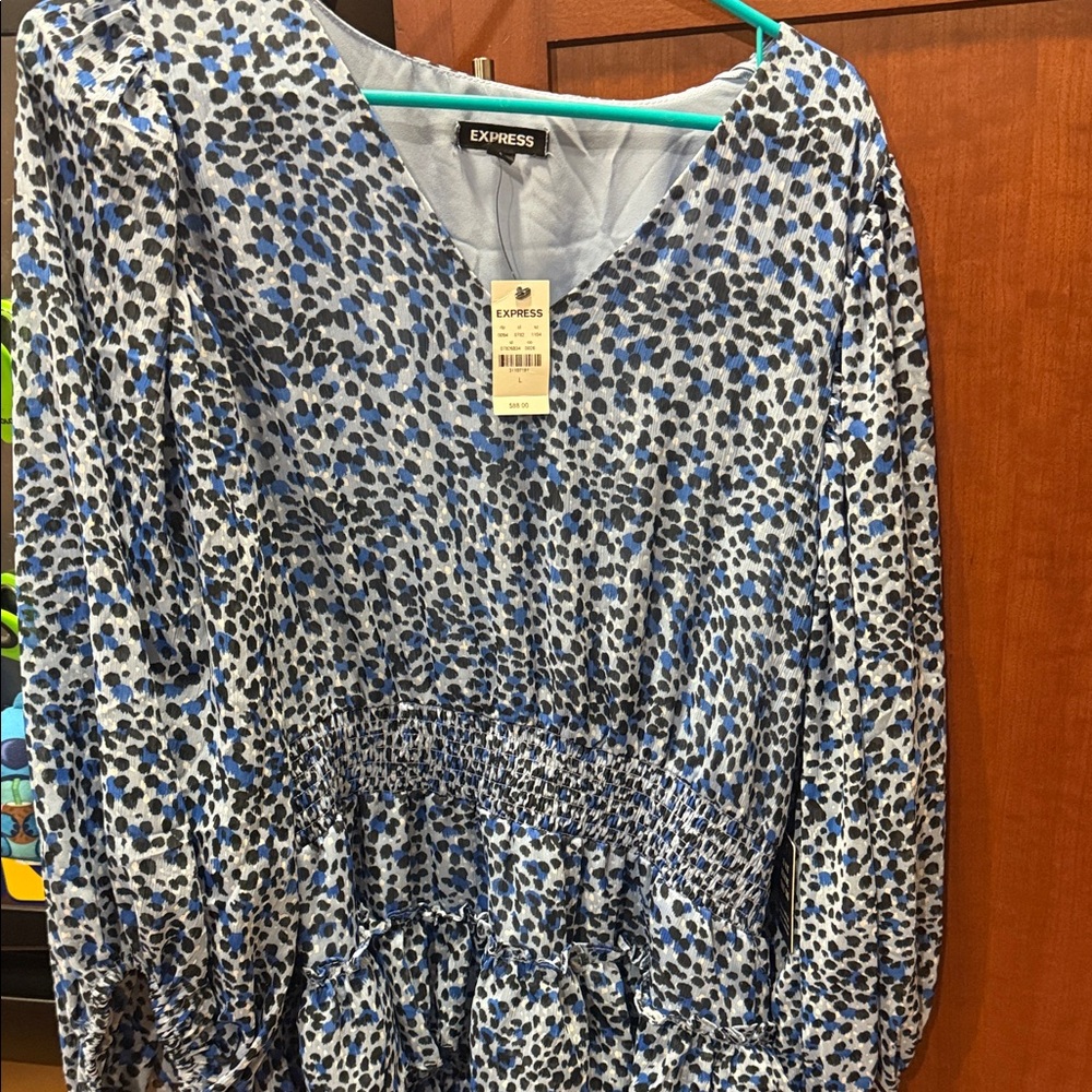 Express Blue and Black Patterned Blouse